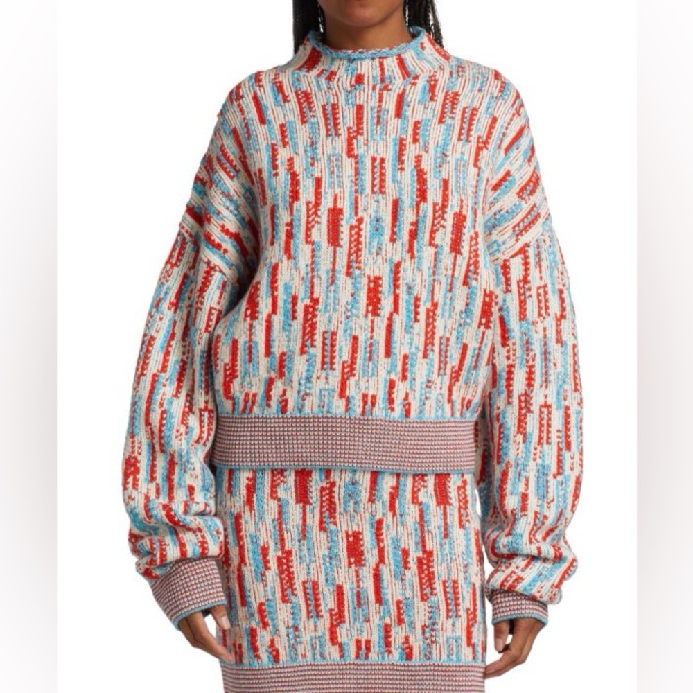 ST. JOHN Red and Blue Jaquard Mockneck Knit Sweater Size Large